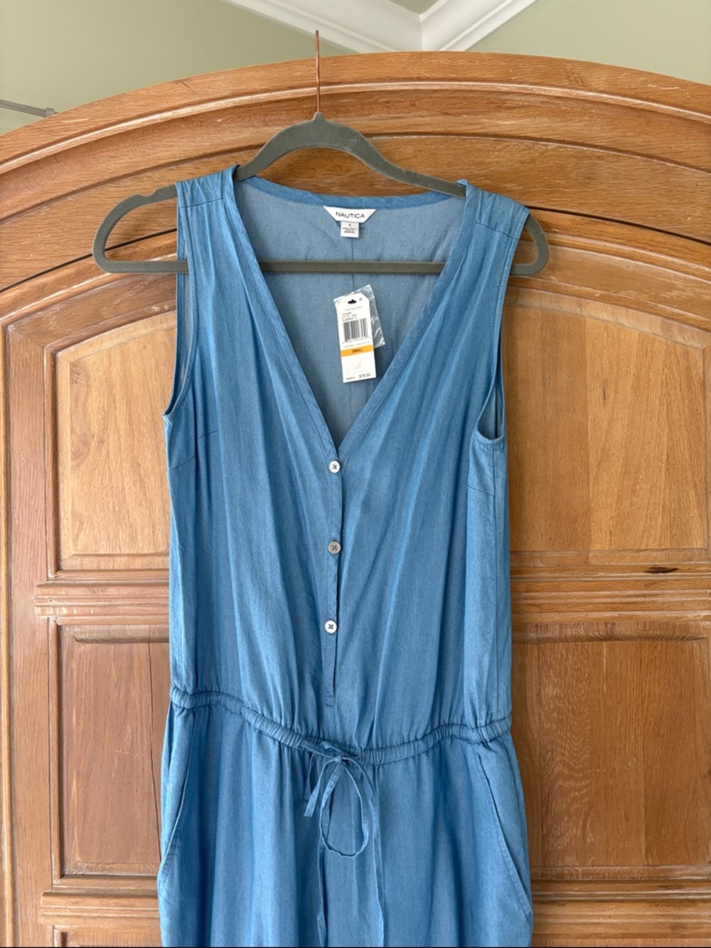 Nautica Denim-Blue Sleeveless V-Neck Button Front Midi Dress